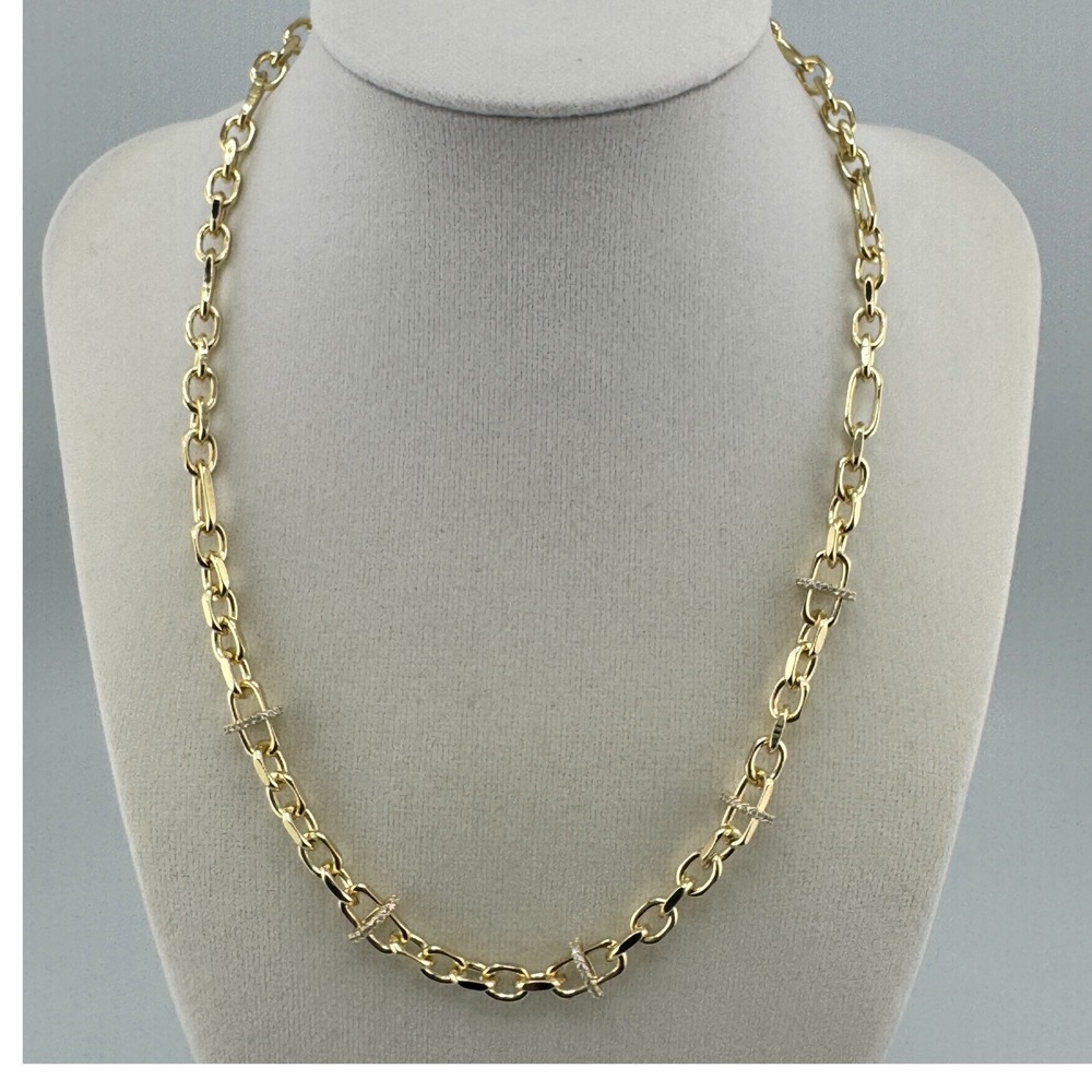 Gold Tone Pavé Crystal Bar Link Chain Necklace Adjustable Paperclip Style